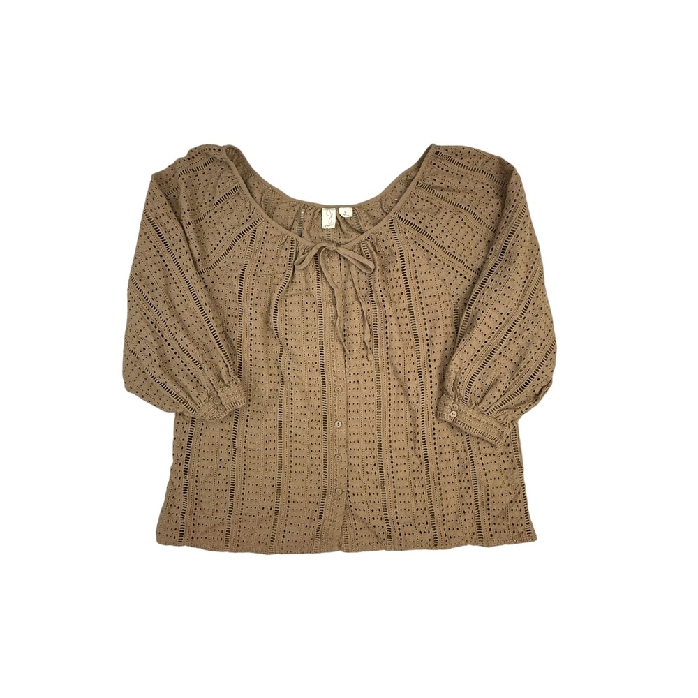 Joie Blouse Women Large Brown Eyelet Cotton Button Up Tie Neck 3/4 Sleeve